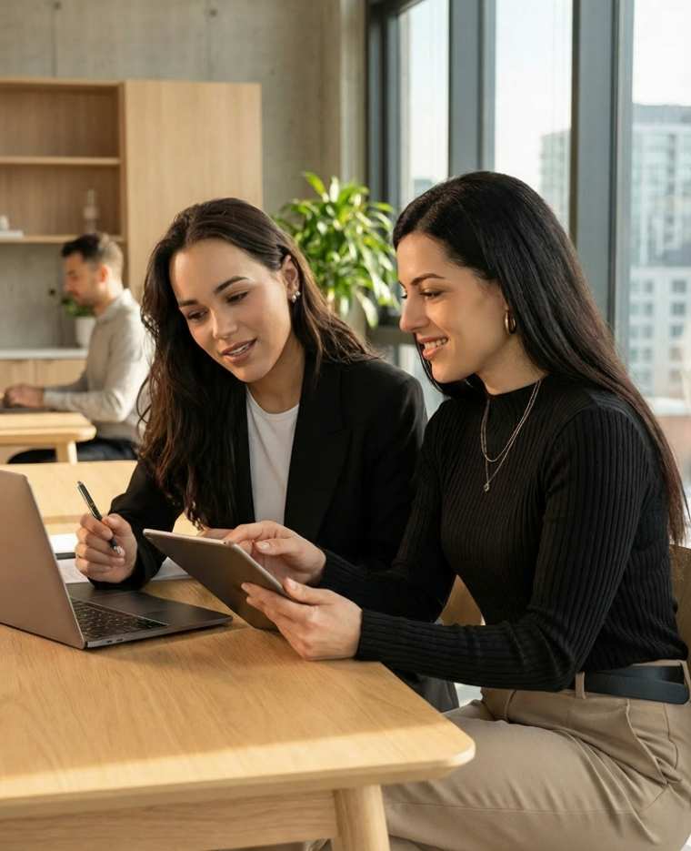 Équipe de deux professionnelles qui discutent d'un projet en cours.